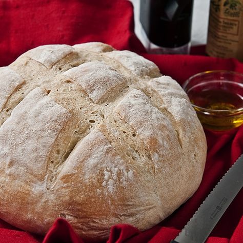 Crusty Round Bread made in a bread machine; Two-step process slowly develops yeast flavor resulting in a chewy texture with a close crumb. Crusty Bread Rolls, Best Bread Machine, Round Bread, Serrated Knife, Bread Maker Recipes, Ciabatta Bread, Loaf Of Bread, Bread Mix, Bread Machine Recipes