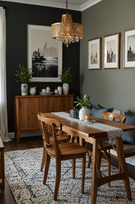 Give your small dining room a fresh look with DIY projects that won’t break the bank! From upcycled furniture to creative decor, these budget-friendly ideas will transform your space into a stylish haven. Perfect for small spaces and tight budgets. #DIYDiningRoom #BudgetMakeover #SmallSpaceDesign #UpcycledDecor #DIYOnABudget Small Dining Room Ideas Corner, Dark Paint Dining Room Ideas, Dining Room Homework Area, Rustic Small Dining Room, Small Formal Dining Room Ideas Layout, Dining Room Small Table, Front Entrance Dining Room, Small Dining Room Dark Walls, Small Elegant Dining Room