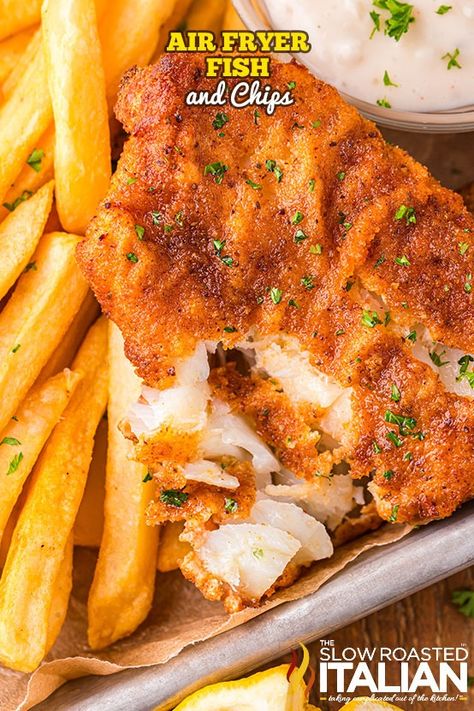 Air Fryer Fish and Chips - The Slow Roasted Italian Air Fryer Fish And Chips, Air Fried Fish, Fish N Chips Recipe, Slow Roasted Italian, Deep Fried Recipes, Potato Chip Recipes, Air Fryer Fish, The Slow Roasted Italian, Baked Potato Recipes