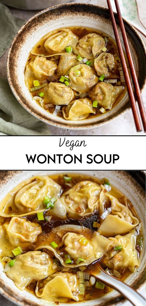 Making Wonton Soup at home is much easier than you probably think. Get some wonton wrappers, and fresh veggies, and let's get cooking! Our Vegan Wonton Soup is made with an easy but delicious broth that you can cook in 5 minutes. Veg Wonton Soup Recipe, Wonton Soup Recipe Vegetarian, Vegan Wedding Soup, Vegetarian Wonton Soup, Homemade Wonton Soup Recipe, Vegan Wonton Soup, Dumpling Vegetarian, Vegan Asian Soup, Vegan Dumpling Soup