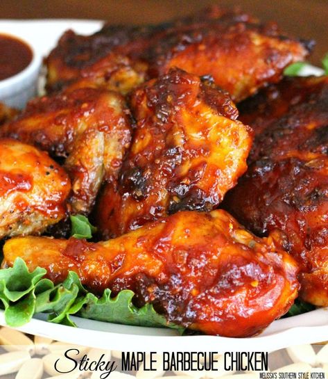 This Sticky Maple Barbecue Chicken is basted with a homemade sweet and spicy sauce that chars to perfection in the oven #bbq #bbqchicken #maplebarbecuechicken #bakedchicken #chickenbreastrecipes #easychickenrecipes #southernchickenrecipes Leftover Bbq Chicken, Chicken Bakes, Bbq Chicken Thighs, Maple Recipes, Bbq Chicken Breast, Bbq Chicken Wings, Sweet And Spicy Sauce, Bbq Chicken Recipes, Fried Chicken Breast