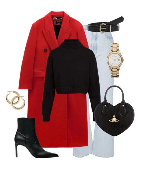 Red Leather Coat Outfit, Vivienne Westwood Heart Bag, Leather Coat Outfit, Capsule Wardrobe Style, Fashion Date Night, Red Leather Coat, 2024 Street Style, Leather Pants Black, Black Turtleneck Sweater