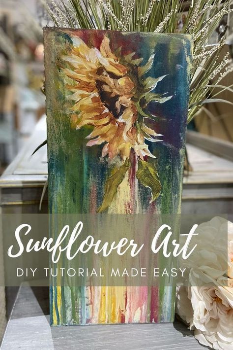 Sweeties Creations And Decor, Sunflowers Painted On Furniture, Boho Sunflower Painting, Boho Acrylic Painting Tutorials, Sunflower Art Ideas, Hand Painted Flowers On Furniture, Diy Boho Painting, Painting Flowers On Wood, Iod Transfers On Furniture