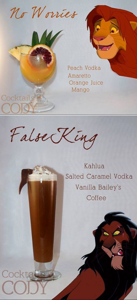 Disney Inspired Cocktails // Lion King Disney Drinks Alcohol, Disney Themed Cocktails, Lion King Themed Cocktails, Lion King Cocktails, Disney Inspired Alcoholic Drinks, Disney Themed Drinks, Disney Alcoholic Drinks, Salted Caramel Vodka, Disney Inspired Cocktails