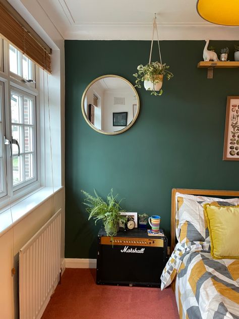 Forest Green And Yellow Bedroom, Forest Green Bedroom, Green Bedroom Wall, Forest Green Bedrooms, Green Bedroom Walls, Titan Aesthetic, Green Bedroom Decor, Orange Furniture, Dark Green Walls