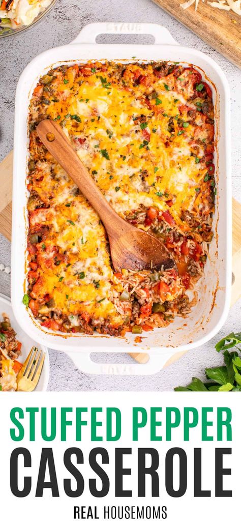 From skillet to baking dish, warm & hearty Stuffed Pepper Casserole is the best weeknight recipe you’ll love making for your family! #Realhousemoms #stuffedpepper #casserole #maindish #healhtymeal #easyrecipe #weeknightdinner #groundbeef #laborday #potluck Stuffed Green Pepper Casserole Crockpot, Stuffed Pepper Pasta Casserole, Deconstructed Stuffed Pepper Casserole, Easy Stuffed Pepper Casserole, Stuffed Peppers Casserole, Green Pepper Casserole, Unstuffed Pepper Casserole, Veggie Casserole Recipes, Healhty Meals