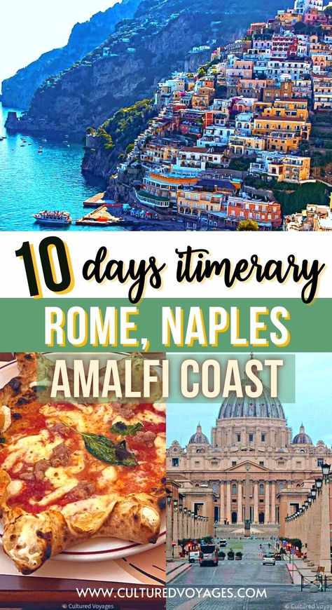 Immerse yourself in the enchanting allure of Italy with our 10-day Rome, Naples, and Amalfi Coast itinerary. Cultured Voyages presents a curated guide for an unforgettable journey, covering the best attractions, tours, and day trips. From the ancient wonders of Rome to the coastal charm of Amalfi, this itinerary has it all. Discover the magic of Italy with Cultured Voyages – your key to an extraordinary 10-day adventure. Start planning your dream trip today! Naples And Amalfi Coast Itinerary, Rome And Amalfi Coast Itinerary, Italy And Greece Itinerary 10 Days, Almafi Coast Italy, Italy Trip Itinerary, Coastal Italy, Amalfi Coast Travel Guide, Italy Road, Amalfi Coast Itinerary