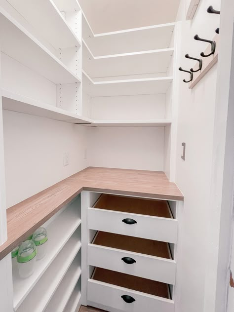 Pantry Shelving With Countertop, Narrow Pantry Shelving Ideas, Turning A Closet Into A Pantry, Understairs Pantry Shelving Ideas, Small Pantry Closet Shelving Ideas, Narrow Pantry Ideas, Closet Turned Pantry, Small Pantry Shelving, Kitchen Pantry Remodel