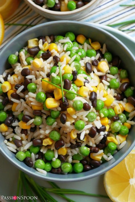 Black Bean Corn Avocado Salad With Rice, Summer Rice Salad, Bean And Rice Salad, Peas Rice, Peas And Corn Recipes, Corn And Peas Recipes, Rice Salads Summer, Summer Rice, Peas And Rice