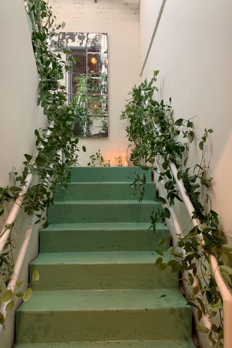 southern smilax vine adds softness and beauty to this urban staircase wedding entrance Vines On Staircase, Greenery On Staircase, Ivy Canopy Bedroom, Climbing Ivy Indoor, Ivy Plant Room Decor, Hanging Ivy Bedroom Ceiling, Staircase Frames, Red Barn House, Indoor Vines