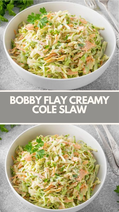 Bobby Flay’s Creamy Cole Slaw is made with green cabbage, carrots, mayonnaise, sour cream, Spanish onion, sugar, white vinegar, dry mustard, celery salt, salt, and pepper resulting in a tangy side dish that takes just 10 minutes to be ready! Bobby Flay Coleslaw Recipe, Creamy Cole Slaw, Healthy Coleslaw Recipes, Bobby Flay Recipes, Healthy Coleslaw, Celery Salt, Creamy Coleslaw, Cole Slaw, Vegetarian Cabbage