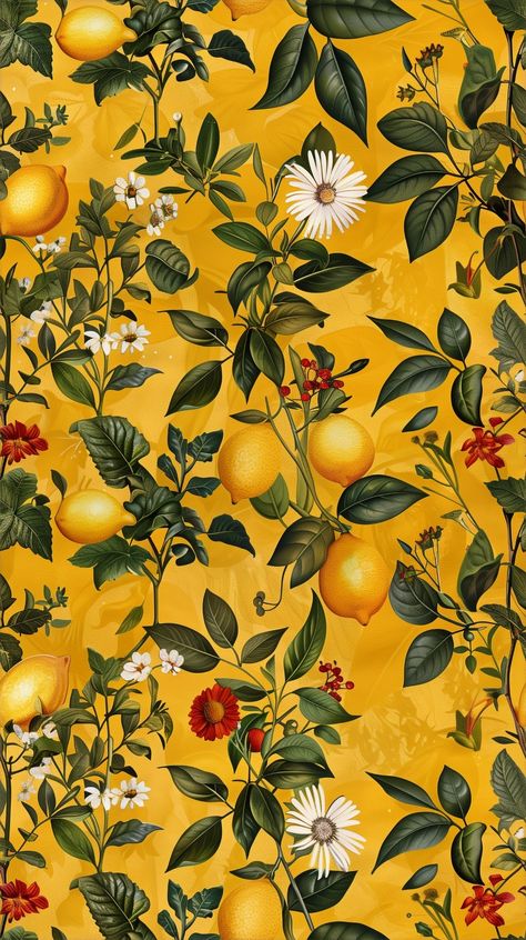 Fruits Art, Lemon Flowers, Tropical Patterns, Vintage Floral Wallpapers, Free Vintage Printables, Sugar Paper, Mural Design, Delicate Flowers, Kitchen Wallpaper