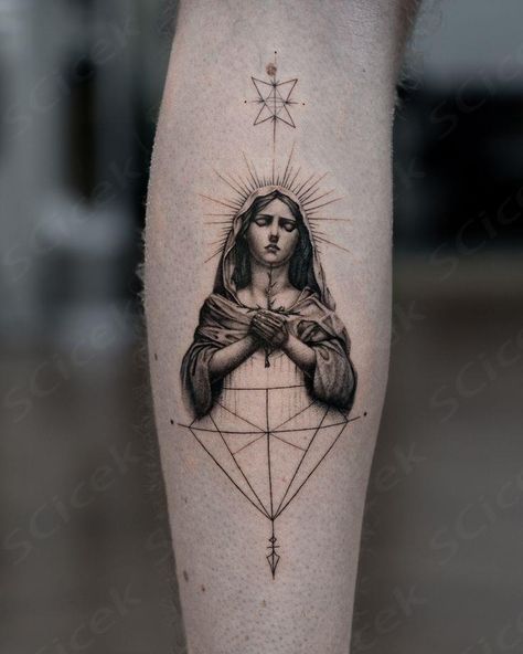 Explore the beauty of fine line and micro-realism in this black & gray geometric tattoo of Mary by Delphin Musquet. Micro Realism Tattoo, Micro Realism, Mary Tattoo, Realism Tattoo, Fine Line, Realism, Geometric Tattoo, The Beauty, Black Gray