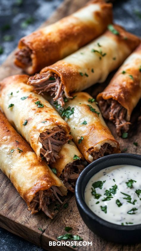 Looking for a mouthwatering Pulled Pork Taquitos recipe? These cheesy taquitos, paired with a smoky chipotle ranch dressing, are the perfect blend of BBQ flavor and creamy goodness. Perfect as a meal or appetizer, these taquitos are made with tender pulled pork wrapped in flour tortillas. Pin this for later and check out the blog for the full recipe! Bbq Pork Wraps Tortillas, Pork Tortilla Wraps, Pork Taquitos Baked, Pork Carnitas Meal Ideas, Late Night Appetizers, Taquitos Pork, Pulled Pork Appetizers, Carnitas Taquitos, Rolled Taquitos