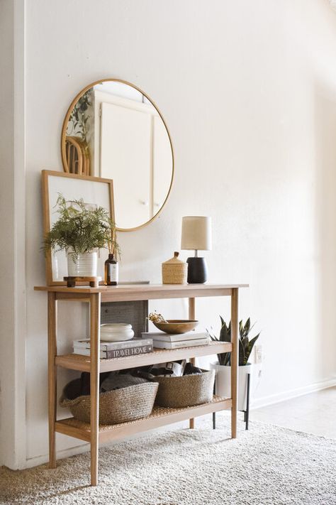 Entry Table Apartment, Boho Hallway Decor, Apartment Entry Way, Rustic Entryway Table, Sideboard Decor, Above Couch, Entrance Table, Austin Homes, Hall Decor