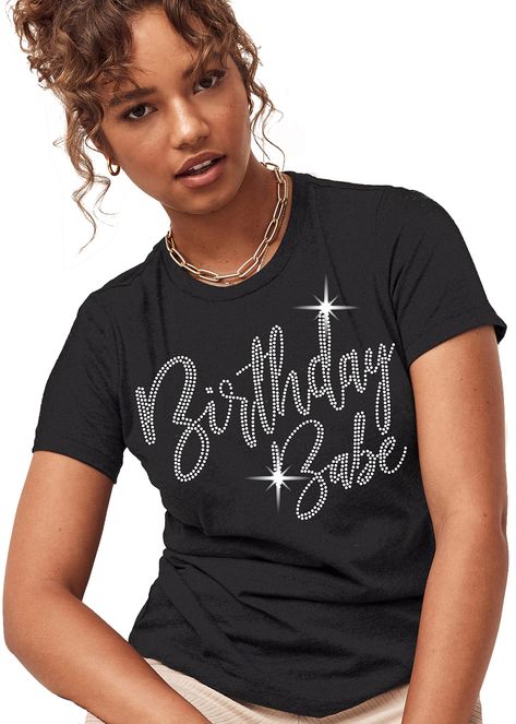 PRICES MAY VARY. STUNNING REAL CRYSTAL RHINESTONES BIRTHDAY TEE! This cute shirt says “Birthday Babe” in real faceted rhinestones. The Birthday Girl will love wearing this birthday shirt on her special day. EXCEPTIONALLY SOFT RING-SPUN COTTON! The Birthday Girl will look great and feel comfortable in the 100% Combed and ring-spun cotton tee WOMEN’S RELAXED, MODERN FIT TEE! Our premium Black short sleeve, crew neck birthday shirts are specially designed to have that modern relaxed fit that will f 70th Birthday Shirts For Women, Birthday Tee Shirts For Women Club, Birthday Shirt With Graphic Print And Crew Neck, Happy Birthday Shirts Teepublic, Bedazzled Shirt, 40th Birthday Tshirts Woman Divas, It’s My Birthday Sequin Shirt, Birthday Squad Shirts, 40th Birthday Shirts