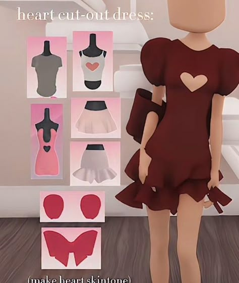 Valentines Heartbreak Dress To Impress, Heart Cutout Dress, Hacks Dress, Layering Hacks, Fancy Dress Code, Dots Outfit, Outfits Hacks, Emoji Drawings, Easy Minecraft Houses