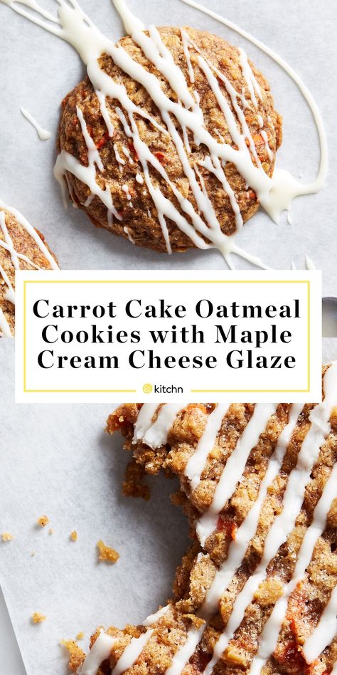 Carrot Cake Oatmeal Cookies with Cream Cheese Glaze Recipe | Kitchn Carrot Cake Oatmeal Cookies, Chewy Oatmeal Cookies, Cookies With Cream Cheese, Breakfast Cupcakes, Cookie Glaze, Corner Bakery, Frosted Cookies, Gooey Bars, Carrot Cookies