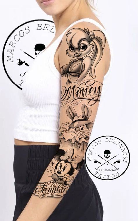 Minnie Mouse Cartoons, Arm Tats, Tattoo Desings, Disney Tattoos, Anime Tattoos, Arm Tattoo, Sleeve Tattoos, Tatting, Black And Grey