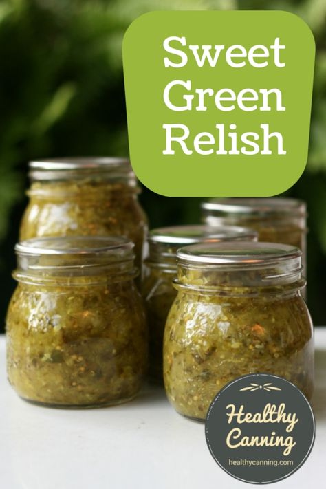 Sweet Green Relish. This is an attempt to replicate the Sweet Green Relish that is popular in more northern parts of North America such as Chicago and Southwestern-Ontario, while sticking very closely to a tested canning recipe from a reputable source. All that was modified was the flavourings. Sugar and salt free, too! #canning Sweet Green Relish Recipe, Healthy Canning, Green Tomato Relish, Zucchini Relish, Food Processor Uses, Home Canning Recipes, Relish Recipes, Sweet Pickles, Home Canning