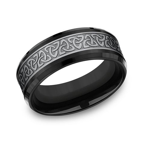 Tantalum+and+Black+Titanium+Comfort-fit+Design+Ring+by+Benchmark Viking Wedding Band Men, Celtic Knot Wedding, Contemporary Wedding Rings, Knot Pattern, Comfort Fit Wedding Band, Black Wedding Band, Wedding Band Designs, Jared The Galleria Of Jewelry, Celtic Jewelry