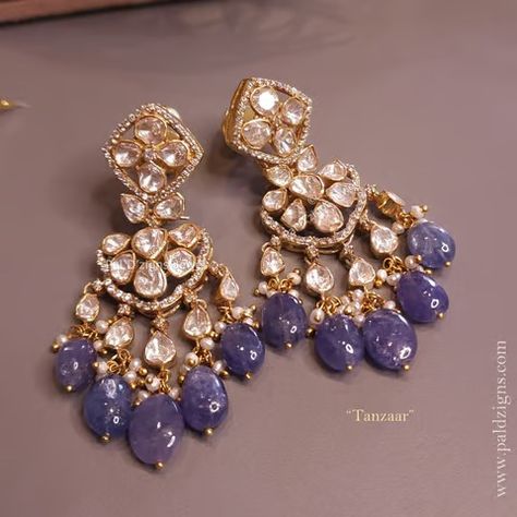 Tanzaar Moissanite Polki Earings Blue Polki Jewellery, Uncut Earrings, Jewellery Stones, Lightweight Jewellery, Moissanite Jewellery, Chand Bali, Bridal Jewellery Inspiration, Designers Jewelry Collection, Bridal Jewelry Vintage