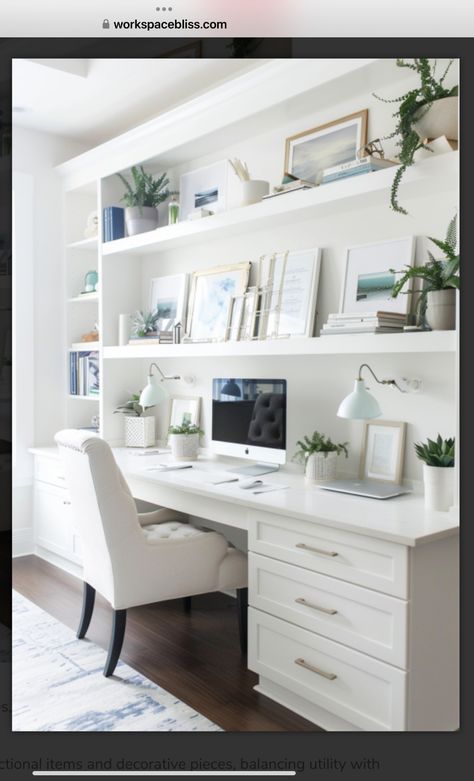 White Office Bookshelves, Home Office And Art Room, Built In L Shaped Desk And Shelves, Built In Desks And Shelves, Desk In Bookshelf, Built In Desk And Shelves Bedroom, Office With Closet, Study Ideas Room, Cape Cod Office