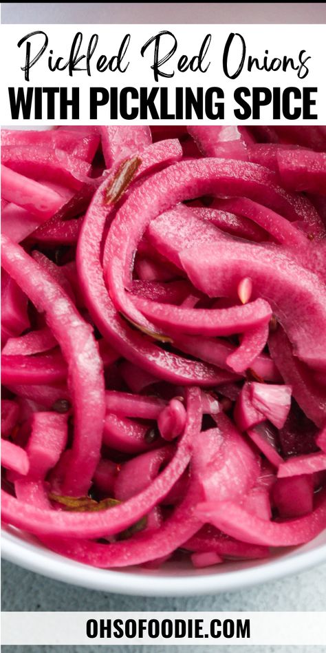 Text reads Pickled Red Onions With Pickling Spice What To Put Pickled Red Onions On, Picketed Red Onions, Panera Pickled Red Onions Recipe, Canned Pickled Red Onions, Pickled Red Onions For Tacos, Onions For Tacos, Pickeled Red Onions, Red Onion Pickled, Pickled Red Onion Recipe