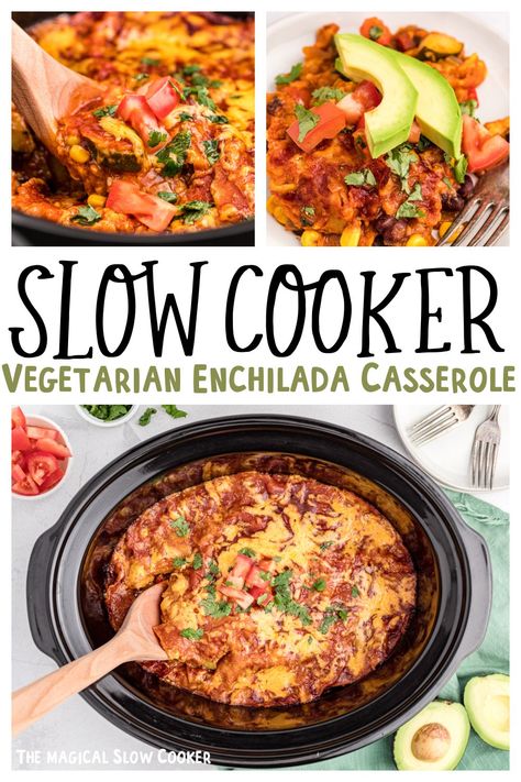 Vegetarian Enchilada Casserole Recipe Crockpot Vegetarian Enchiladas, Slow Cooker Plant Based Recipes, Plant Based Slow Cooker Recipes, Meatless Crockpot Recipes, Meatless Crockpot Meals, Crockpot Enchilada Casserole, Veggie Enchilada Casserole, Vegan Enchilada Casserole, Vegetarian Enchiladas Recipe