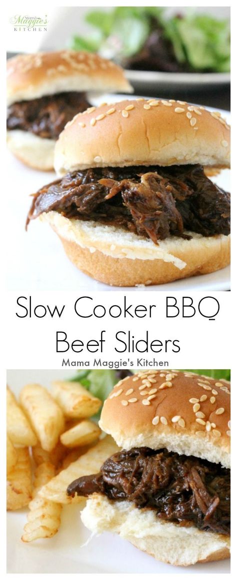 Slow Cooker BBQ Beef Sliders are miniature, itty bitty bites of goodness. Only 5 ingredients and minimal work will get you, your family, and your guests fed. Enjoy! By Mama Maggies Kitchen Bbq Beef Sliders, Slow Cooker Bbq Beef, Beef Sliders, Slow Cooker Bbq, Bbq Beef, Crock Pot Slow Cooker, Slow Cooked, Pressure Cooker Recipes, Bbq Sauce