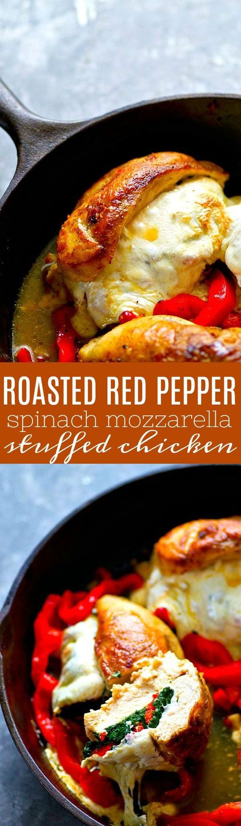 Chicken breasts are stuffed with flavorful roasted red peppers, gooey mozzarella cheese, and fresh baby spinach for the easiest twist on stuffed chicken! Sweet Savory And Steph, Mozzarella Stuffed Chicken, Stuffed Food, Spinach Mozzarella, Main Entrees, Mozzarella Chicken, Low Carb Chicken Recipes, Chicken Stuffed, Duck Recipes