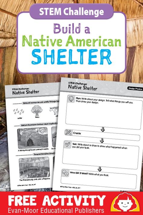 Free downloadable Native American STEM Challenge for Thanksgiving.This STEM challenge arrives just in time for Thanksgiving celebrations and fall lessons.Children learn how Native Americans taught colonists to build homes in the 1600s using only what they could find in nature. Children design and build a model version of their own. #STEM #nativeamericanstem #nativeamerican #science #STEMchallenge #secondgrade #thirdgrade #fourthgrade #freeprintable Native Americans Unit Study, Native American Stem Activities, Native American Projects For 5th Grade, Native American Homes, November Stem, Native American Regions, Native American Lessons, Native American Projects, Native Americans Unit