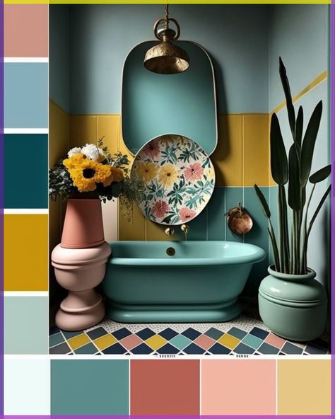 Bright Color Bathroom, Bohemian Bathroom Design, Small Colorful Bathroom, Colorful Small Bathroom, Switches Design, Bright Colored Bathrooms, Bathroom Decor Bohemian, Colourful Bathroom Ideas, Colour Scheme Ideas