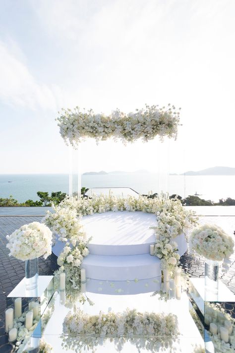 Mirrored Wedding Aisle, Groom Suit White, Mirrored Aisle, Floral Canopy, Acrylic Arch, Floral Arches, Mykonos Wedding, Wedding Mirror, Dream Wedding Decorations