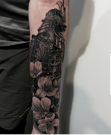 Here is my Japanese samurai with cherry blossoms, it's the start of my japanese themed sleeve. Artist was Martin Blair at Reign supreme tattoo studio in Preston UK Samurai Cherry Blossom Tattoo, Samurai Tattoo With Cherry Blossom, Samurai Tattoo Forearm, Japanese Themed Tattoos, Japanese Theme Tattoo, Japanese Blossom Tattoo, Cherry Blossom Tattoo Men, Samurai Tattoo Sleeve, Arm Tattoos For Guys Forearm