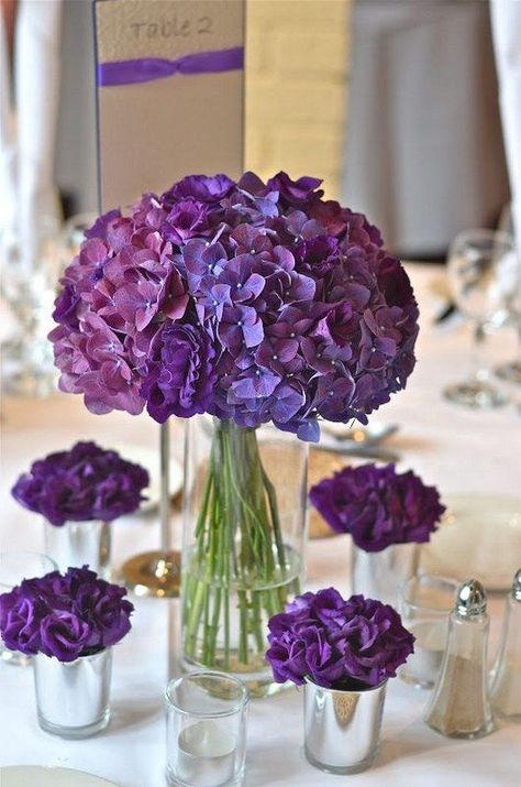 Purple Hydrangea Wedding Bouquets / http://www.himisspuff.com/beautiful-hydrangeas-wedding-ideas/7/ Farmhouse Glassware, Purple Hydrangea Wedding, Hydrangeas Flowers, Purple Wedding Centerpieces, Hydrangea Bouquet Wedding, Wedding Flowers Hydrangea, Purple Table, Purple Wedding Bouquets, Hydrangeas Wedding