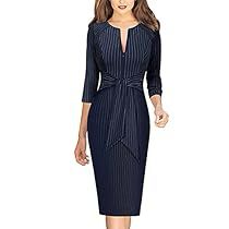 Wear To Work Dress, Work Dresses For Women, Business Dress, Office Party, Navy Blue Dresses, Pencil Dress, Dress For Women, Woman Colour, Striped Long Sleeve