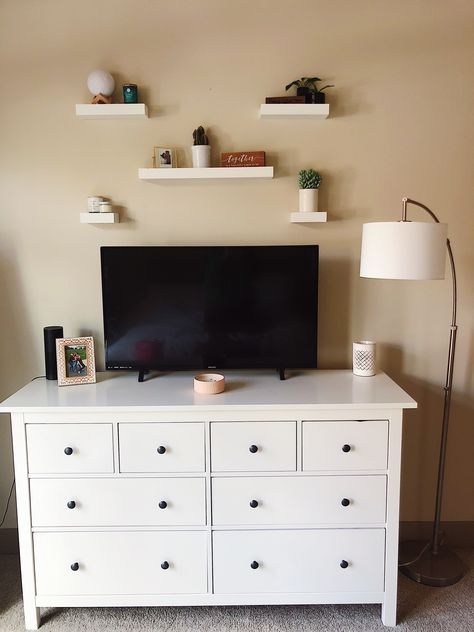 Tv On Bedroom Wall, Clean Dresser, Dresser Aesthetic, Dresser Inspo, Salvation Scriptures, Campus Apartment, Room Wishlist, Future Bedroom, Tv Stand Decor