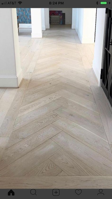 Hallway Flooring Ideas Wood, Wood Flooring Ideas Herringbone, Herringbone Wood Floor Narrow Hallway, Small Entry Way Flooring Ideas, Herringbone Wood Hallway, Herringbone Hallway Ideas, Upstairs Landing Flooring Ideas, Chevron Hallway Floor, Ceiling Beams For Low Ceilings