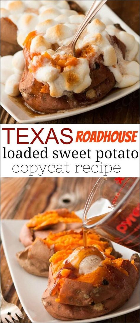 Oh, Mama!! Check out this Texas roadhouse loaded sweet potato copycat recipe! Texas Roadhouse Sweet Potato Recipe, Texas Roadhouse Sweet Potato, Loaded Baked Sweet Potato Recipes, Potato Loaded, Loaded Baked Sweet Potato, Sweet Potato Recipes Roasted, Sweet Potato Recipes Baked, Sweet Potato Recipe, Salad Inspiration