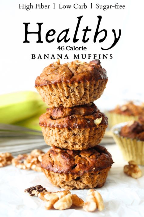 These Oat Fiber Banana Muffins are probably the HEALTHIEST muffin recipe you will ever find. With only 46 calories per muffin, these low calorie muffins pack in just under 10 grams of fiber per muffin. With only 2 grams of net carbs, these healthy banana muffins are also sugar-free and low carb! Low Calorie Banana Muffins, Low Carb Banana Muffins, Muffins Protein, High Fiber Muffins, Low Calorie Muffins, Fiber Muffin, Low Sugar Muffins, High Protein Muffins, Banana Protein Muffins