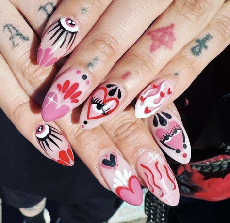 Funky Oval Nails, Valentines Day Nails Funky, Feminist Nails, Valentines Nails Alternative, Maximalist Valentines Nails, Trippy Almond Nails Designs, Trippy Pink Nails, Sheer Nails, Sunflower Nails