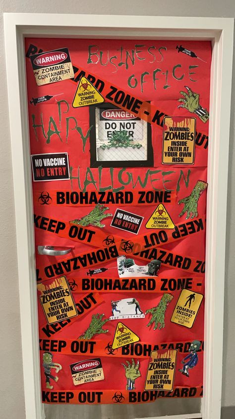 Zombie Classroom Door, Nurse Door Decorations, Halloween Door Decorations Contest, Puerta Halloween, Halloween Doors, Diy Halloween Door Decorations, Halloween Door Decoration, Zombie Zone, Halloween Classroom Door