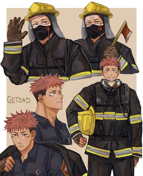 Getoad on Twitter: "Firefighter Yuji Itadori (and sukuna lol)… " Firefighter Fanart, Yuji Itadori And Sukuna, Jujutsu Kaisen Yuuji, Itadori And Sukuna, Jjk Yuji, Art Warehouse, Jjk Art, Ju Jitsu, Yuji Itadori