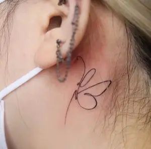 Tiny Dragonfly Tattoo Behind Ear, Behind The Ear Butterfly Tattoo Ideas, Profile Butterfly Tattoo, Butterfly With Initials Tattoo, Behind Ear Butterfly Tattoo, Dragonfly Tattoo Behind Ear, Small Butterfly Tattoo Behind Ear, Butterfly Tattoo Ear, Behind The Ear Butterfly Tattoo