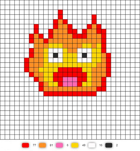 Calcifer from Howl's Moving Castle - Perler bead pattern Howl's Moving Castle Pixel Art, Howl's Moving Castle Crafts, Pixel Art Pattern Ghibli, Calcifer Cross Stitch Pattern, Howls Moving Castle Embroidery Pattern, Perler Bead Easy Patterns, Howls Moving Castle Craft Ideas, Howls Moving Castle Knitting, Perler Beads Howls Moving Castle