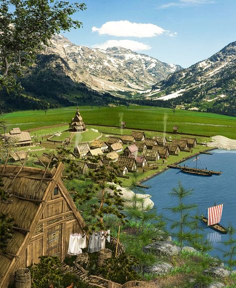 A 3D render of a historic Viking settlement in Norway Norse Village, Medieval Norway, Viking Town, Viking Settlement, Medieval Towns, Historical Viking, Viking Village, Fantasy Town, Fantasy World Map