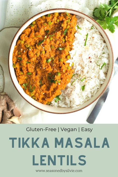 Easy, healthy meal of red lentils and classic Tikka Masala seasoning simmered in coconut milk and vegetable broth with peas for a plant-based dinner.   #healthyrecipe #lentilsrecipe #tikkamasala #glutenfree #plantbasedmeal #vegetariandinner #vegandinner #easydinner #onepotmeal #healthyfood Masala Lentils, Masala Seasoning, Easy Healthy Meal, Plantbased Recipes, Red Lentils, Vegetable Broth, Curry Dishes, Lentil Recipes, Tikka Masala