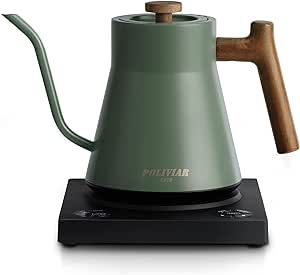 POLIVIAR Electric Gooseneck Kettle, 1200W Electric Tea Kettle Real Wood Handle, 34oz Pour Over Electric Kettle for Coffee & Tea, 18/8 Stainless Steel Inner, Temperature Control & Rapid Heating Pour Over Kettle, Gooseneck Kettle, Electric Tea Kettle, Stainless Steel Kettle, Teapots Unique, Whistling Tea Kettle, French Press Coffee Maker, Manual Coffee Grinder, Water Boiler