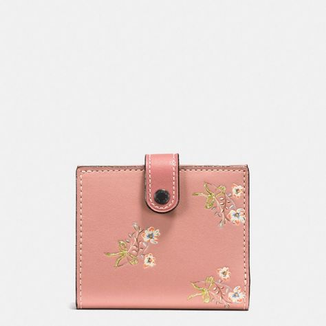 COACH Small Trifold Wallet In Glovetanned Leather With Floral Bow Print. #coach #print Bow Print, Money Clips, Trifold Wallet, Letters And Numbers, Compact Design, Wristlets, Wallets For Women, Pink Black, Wallets